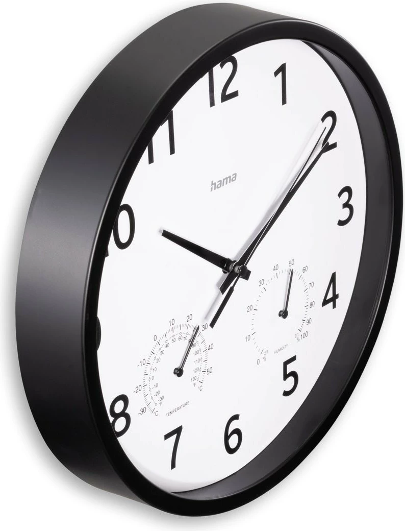 Orë muri Hama Malta, 25cm, analog, me termometër dhe higrometër, e zezë