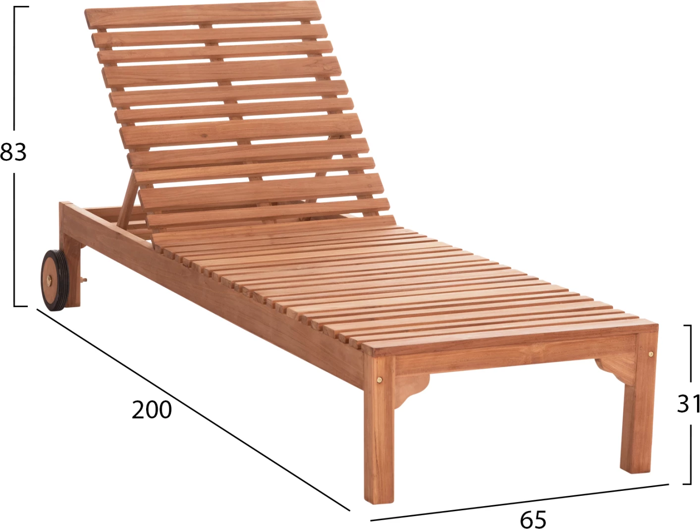 Shezlong me rrota STELLANO, dru tik natyral, 200x65x31cm