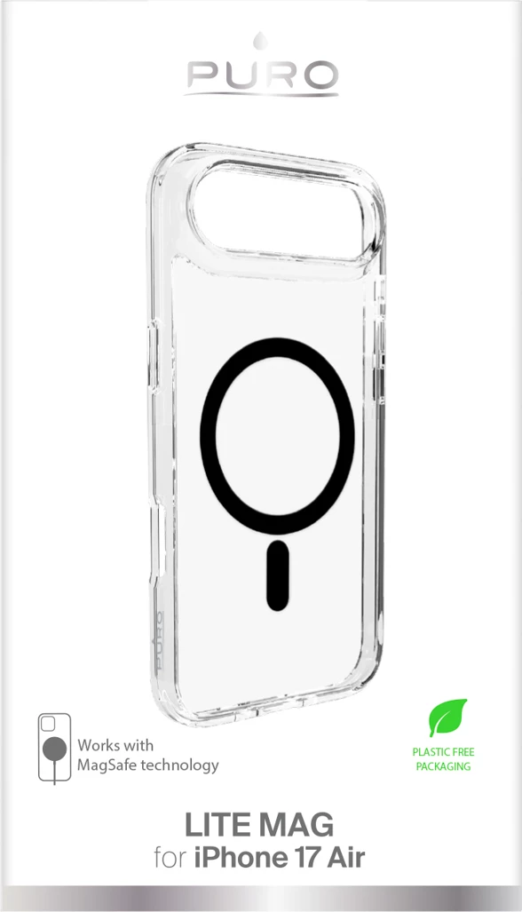 Mbështjellës, Puro, Lite Mag për iPhone 17 Air, TPU+PC, MagSafe, 1 mm, transparent me unazë të zezë