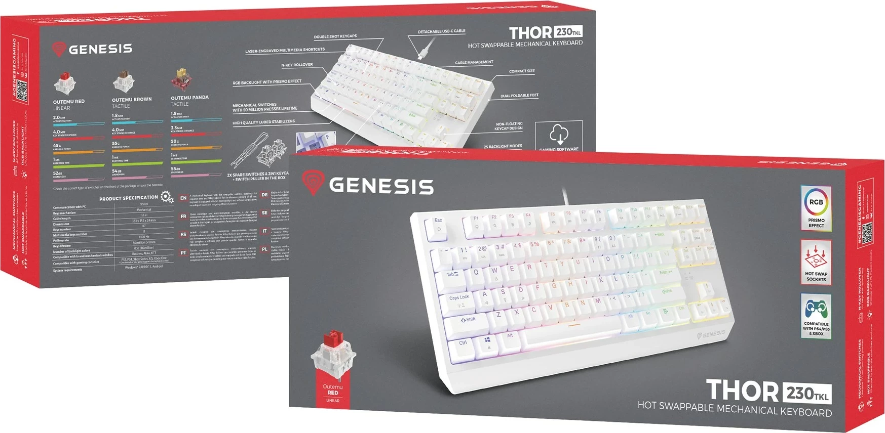 Tastierë mekanike GENESIS Thor 230 TKL, QWERTY, US English, RGB, e bardhë