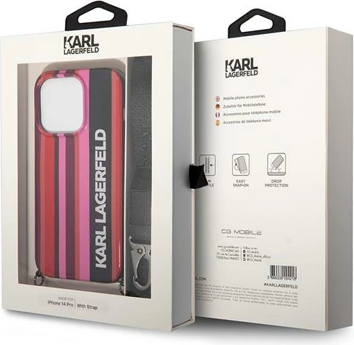Mbështjellës Karl Lagerfeld KLHCP14LSTSTP për iPhone 14 Pro 6.1", Color Stripes, rozë/zi me rrip