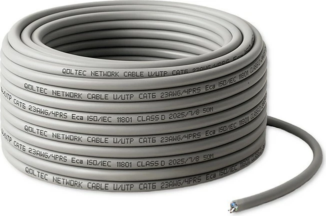 kabllo rrjeti U/UTP CAT6, Qoltec 54559, 50 m, bakër i plotë 23AWG 0.52 mm, deri 1 Gb/s 250 MHz, gri