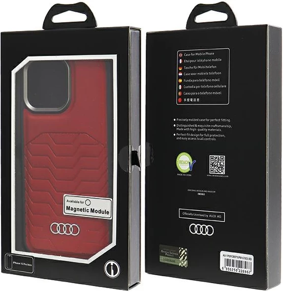 Mbështjellës Audi për iPhone 15 Pro Max, lëkurë sintetike, MagSafe, Kuq