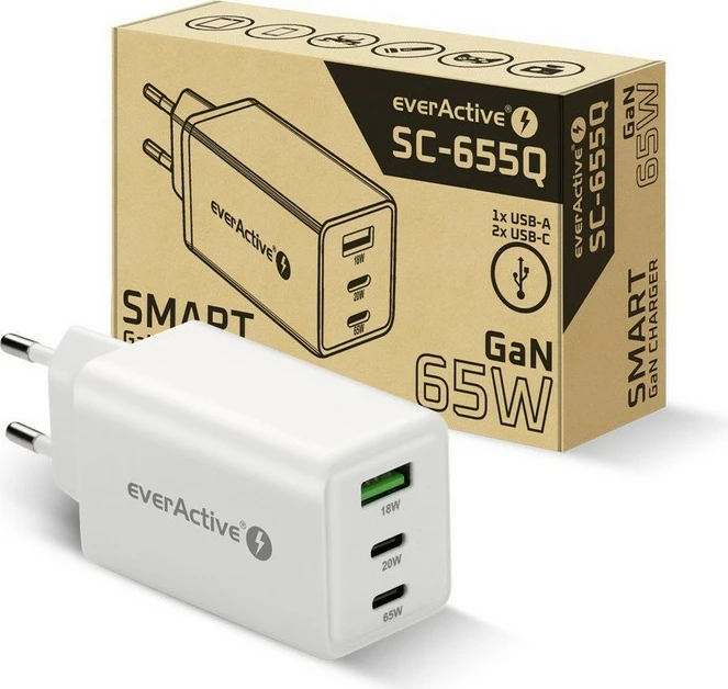Karikues muri GaN, everActive SC-655Q, 65W, 1x USB + 2x USB-C, PD/PPS/QC4+, i bardhë