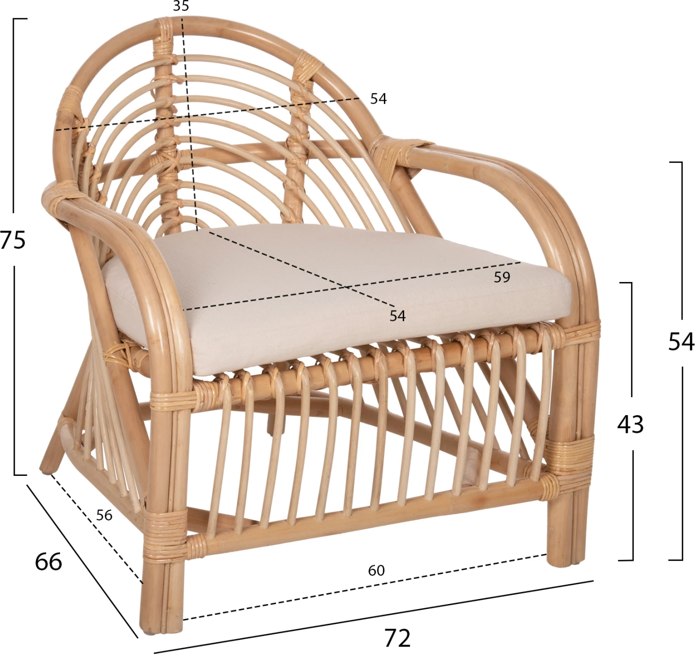 Karrige për krah FEMUR FH9837 rattan, jastëk ngjyrë bardhë, 72x66x75 cm