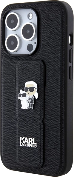 Mbështjellës Karl Lagerfeld Gripstand Saffiano Karl&Choupette Pins për iPhone 15 Pro, e zezë