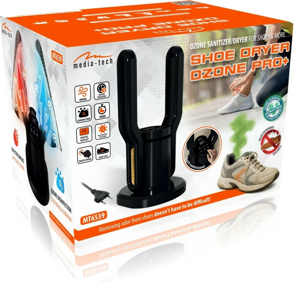 Tharëse këpucësh Media-Tech MT6539, rregullim automatik 40-55°C, ozon 50 mg/h, timer 15-360 min, panel dixhital, mbrojtje nga mbinxehja, e zezë/e verdhë