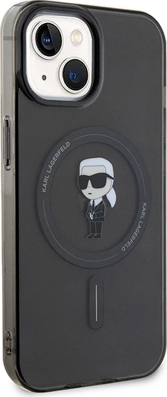 Mbështjellës Karl Lagerfeld IML Ikonik MagSafe për iPhone 15, i zi
