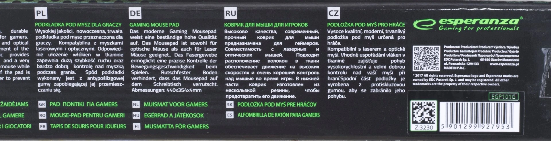 Mauspad për lojëra Esperanza EGP101G, i zi