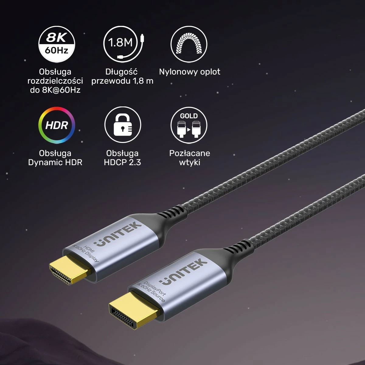 Kabëll Unitek DisplayPort 1.4 në HDMI 2.1, 8K, 1.8m, zi-argjendtë