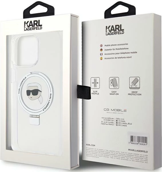 Mbështjellës Karl Lagerfeld KLHMP15XHMRSKHH për iPhone 15 Pro Max 6.7", Ring Stand Karl Head, MagSafe, Bardhë