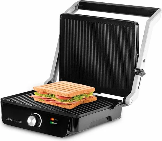 grill elektrik kontaktues UFESA Press Grill Jaya 2000 2000 W, hapje 180°, pllaka 29×24.5 cm, anti-ngjitëse, zi/argjend