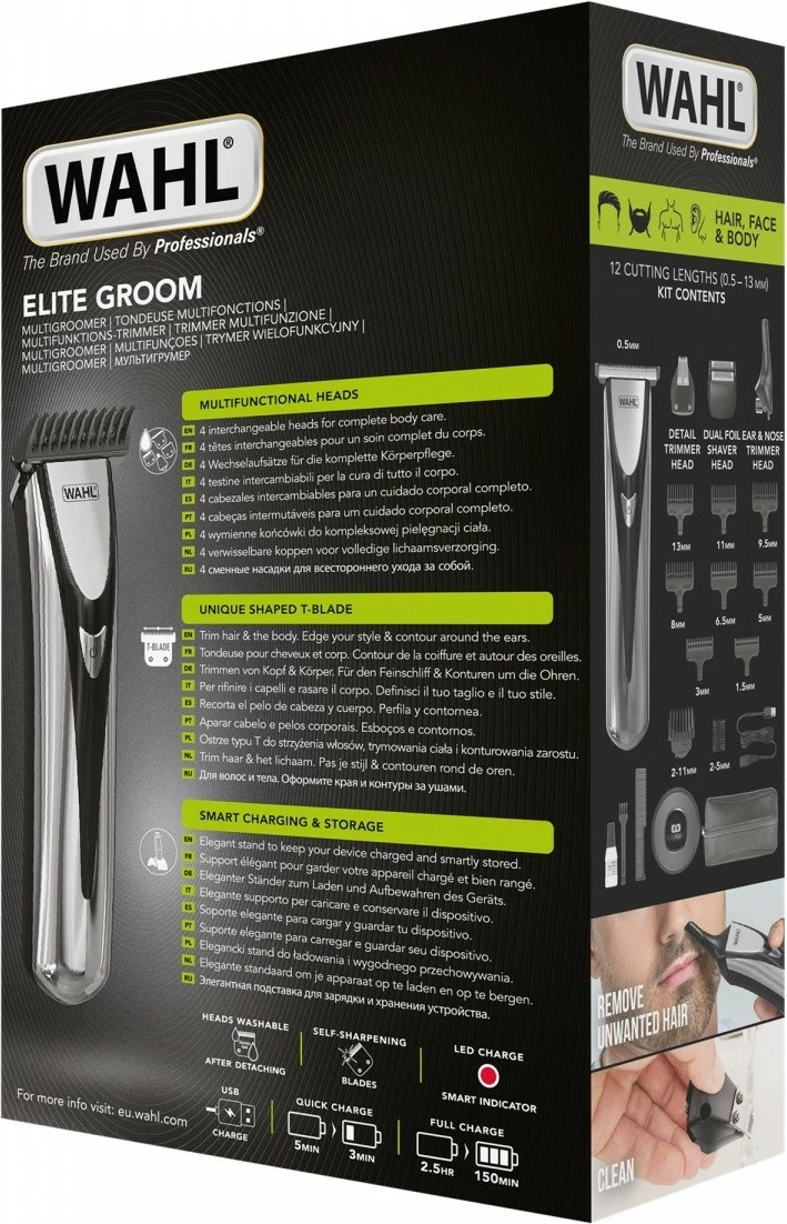 Trimmer multifunksional, Wahl, ELITE GROOM 3028050, 150 min bateri, gjerësi teh 40 mm, ngarkim 2.5 h, i zi/çelik, me 4 koka