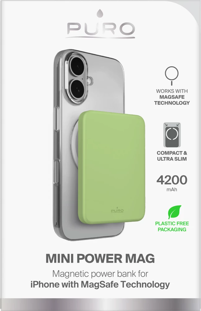 Power bank Puro Slim Power Mag 4200 mAh, MagSafe 15W, USB-C, i hollë 1 cm, ngjyrë e gjelbër