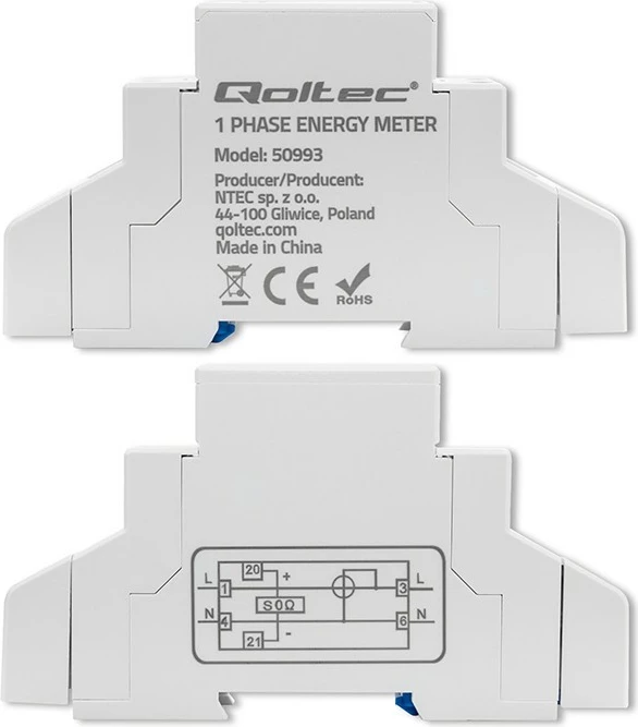Matës energjie njëfazësh Qoltec 50993, montim në shinë DIN, 230V, 30A, LCD, Bardhë