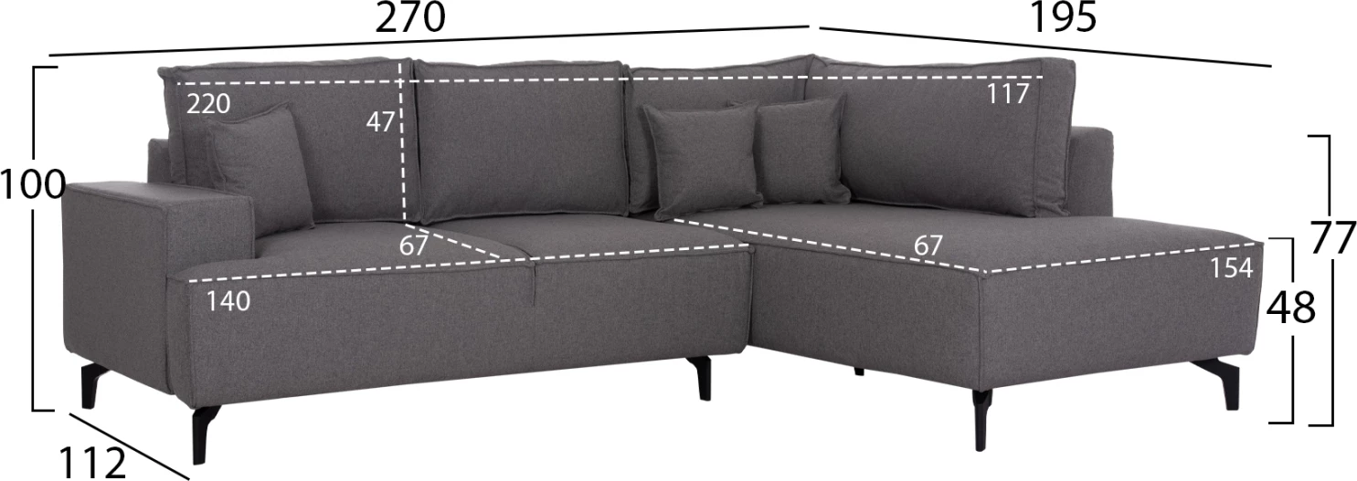 Kënd-sofë krevate me hapësirë për depo, Saffira FH3303.01R, material gri, 270x195x100cm