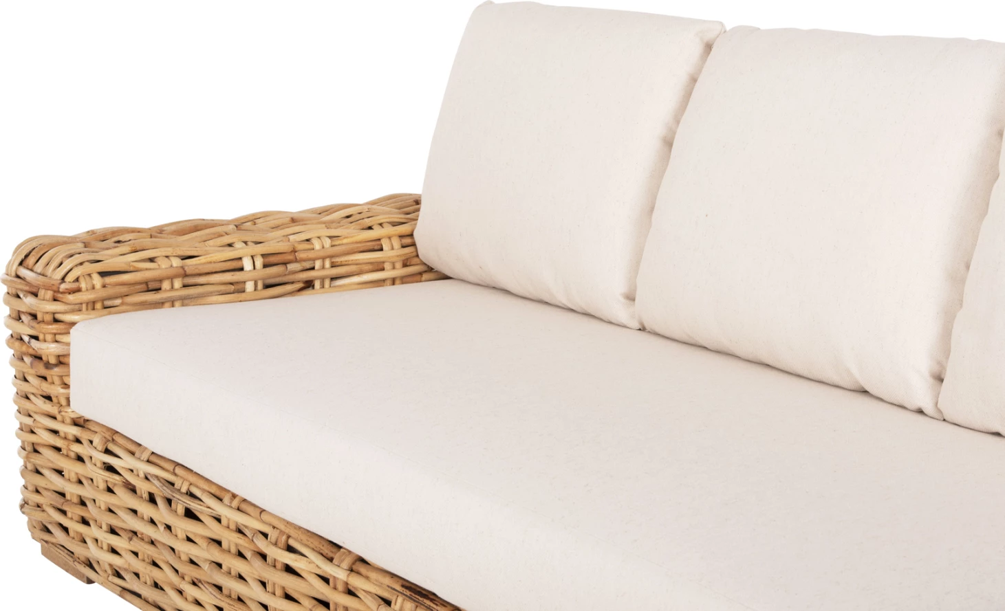 Divan për jashtë, 3 ulëse, dru mango-ratan, ngjyrë natyrale, jastëkë të bardhë, 216x88x70-85H cm