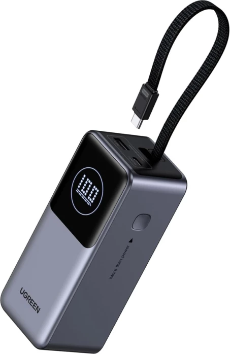 Powerbank UGREEN 55365B 20000mAh 130W me kabllo USB-C të integrume, Space Grey