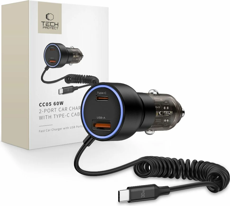 Karikues veture Tech-Protect CC05, 2 porta, 60W, me kabllo USB-C, Zi