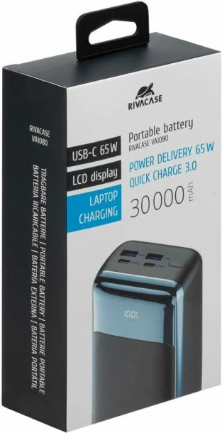 Powerbank RIVACASE VA1080 30000mAh 65W PD/QC3.0 me LCD, blu e zezë