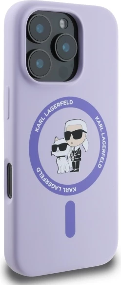 Mbështjellës Karl Lagerfeld Silicone Karl&Choupette Heads Ring MagSafe për iPhone 16 Pro, Violet
