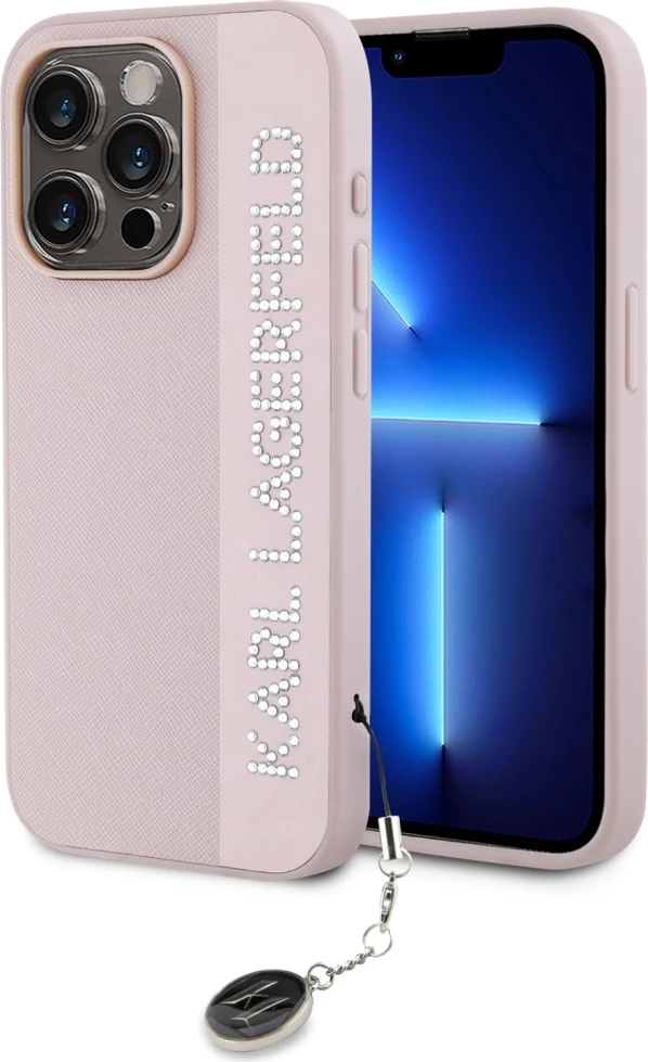 Mbështjellës Karl Lagerfeld Saffiano Rhinestones & Charm për iPhone 15 Pro Max, Rozë