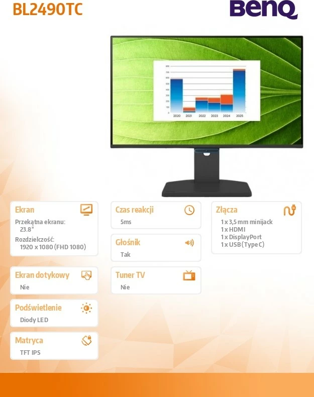 Monitor, BenQ BL2490TC, 23.8 inch IPS LED FHD 144Hz 5ms, USB‑C/HDMI/DisplayPort, altoparlantë të integruara, i zi, me kabllo HDMI