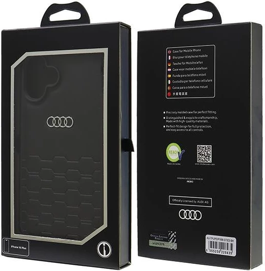 Mbështjellës Audi për iPhone 16 Plus 6.7", lëkurë sintetike, i zi, HardCase