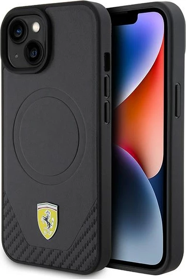 Mbështjellës Ferrari FEHMP15SPTEK për iPhone 15 6.1", Carbon Metal Logo, MagSafe, i zi