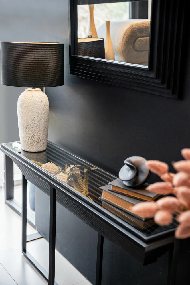 Konsol Cheops, dru bredhi, xham i zi, metal, 134x32x82cm