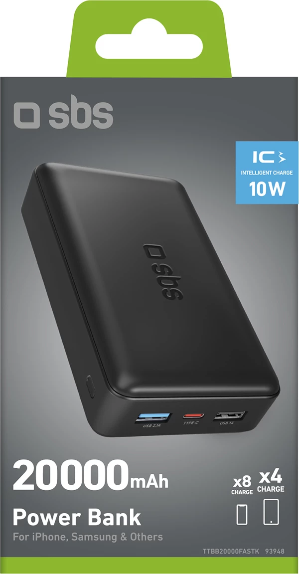 Power bank SBS 20,000 mAh, 2 USB, e zezë
