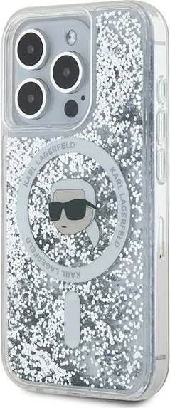 Mbështjellës Karl Lagerfeld Liquid Glitter Karl Head MagSafe për iPhone 15 Pro Max, Transparent