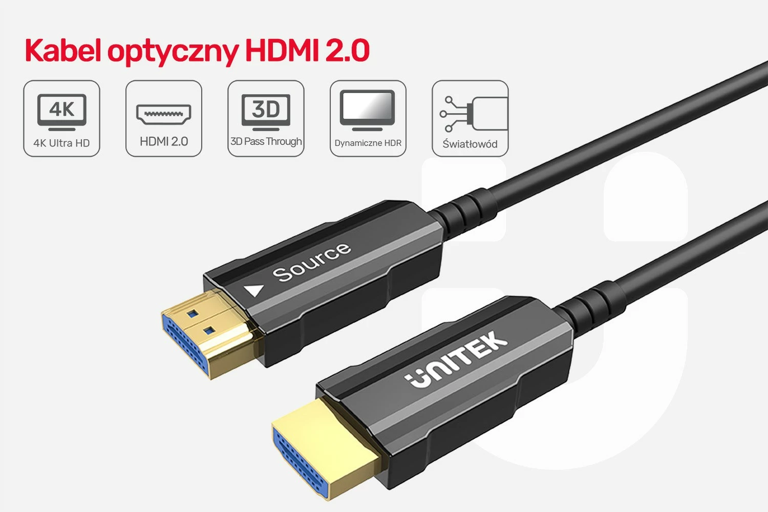 Kabllo HDMI optik Unitek C11072BK-15M, 15m, 4K60Hz, E zezë/Gri