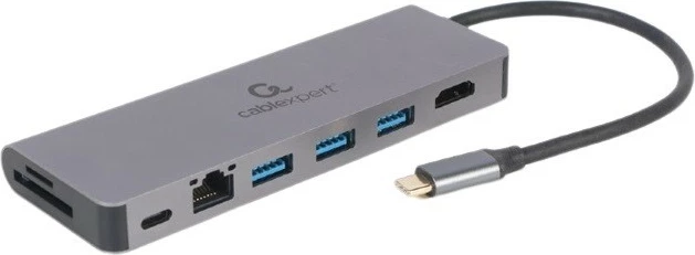 Kasë USB-C Gembird A-CM-COMBO5-05, 6 porte, HDMI, LAN, SD/microSD, Zezë/Argjendtë