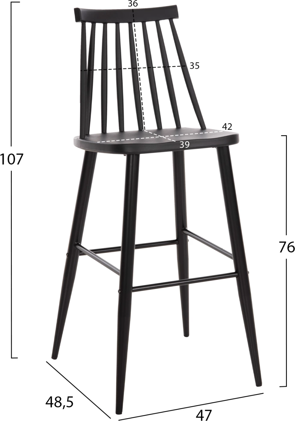 Karrige për bar, vend i lartë, VANESSA FH8459.12, e zezë PP & këmbë metalike të zeza, 47x48,5x107H cm., set prej 2 copë