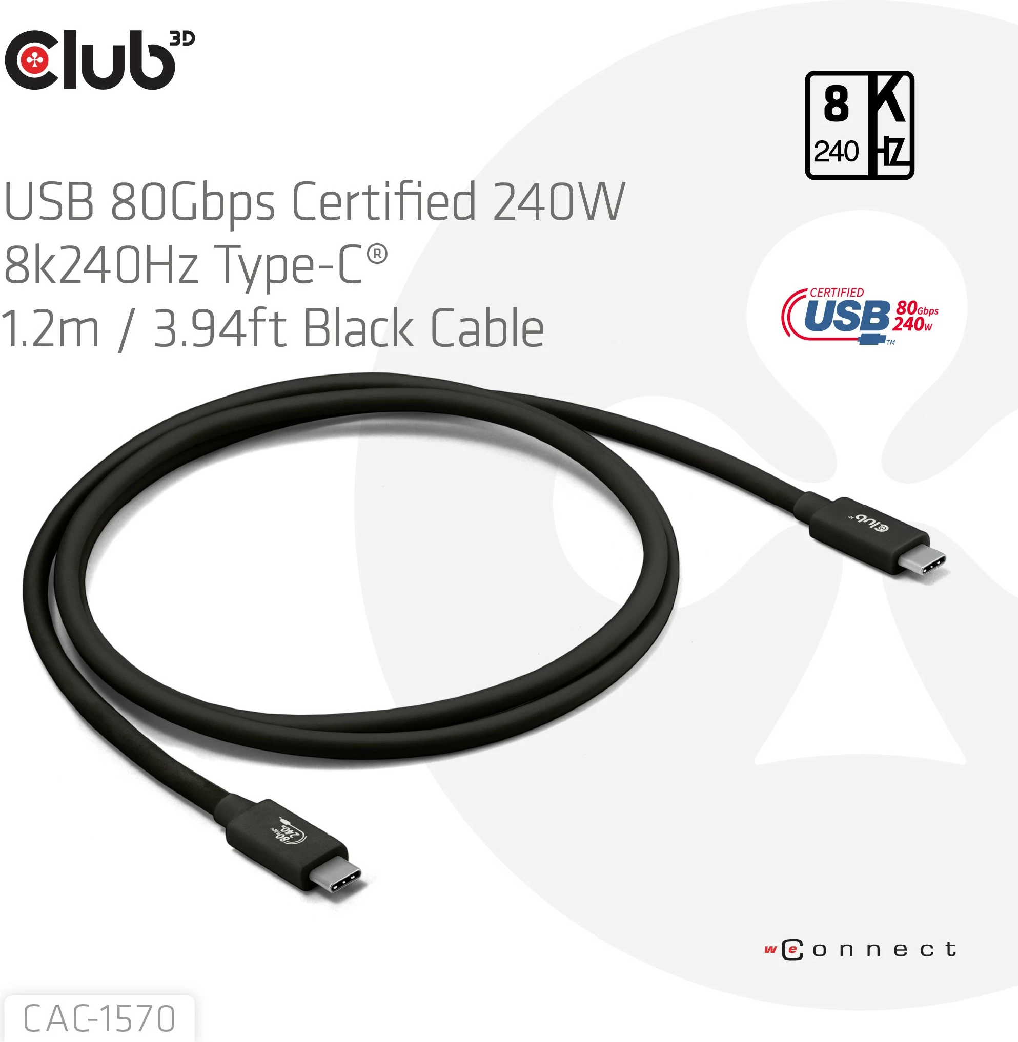Kabllo USB-C Club3D CAC-1570, 80Gbps, 240W, 8K240Hz, 1.2m, e zezë