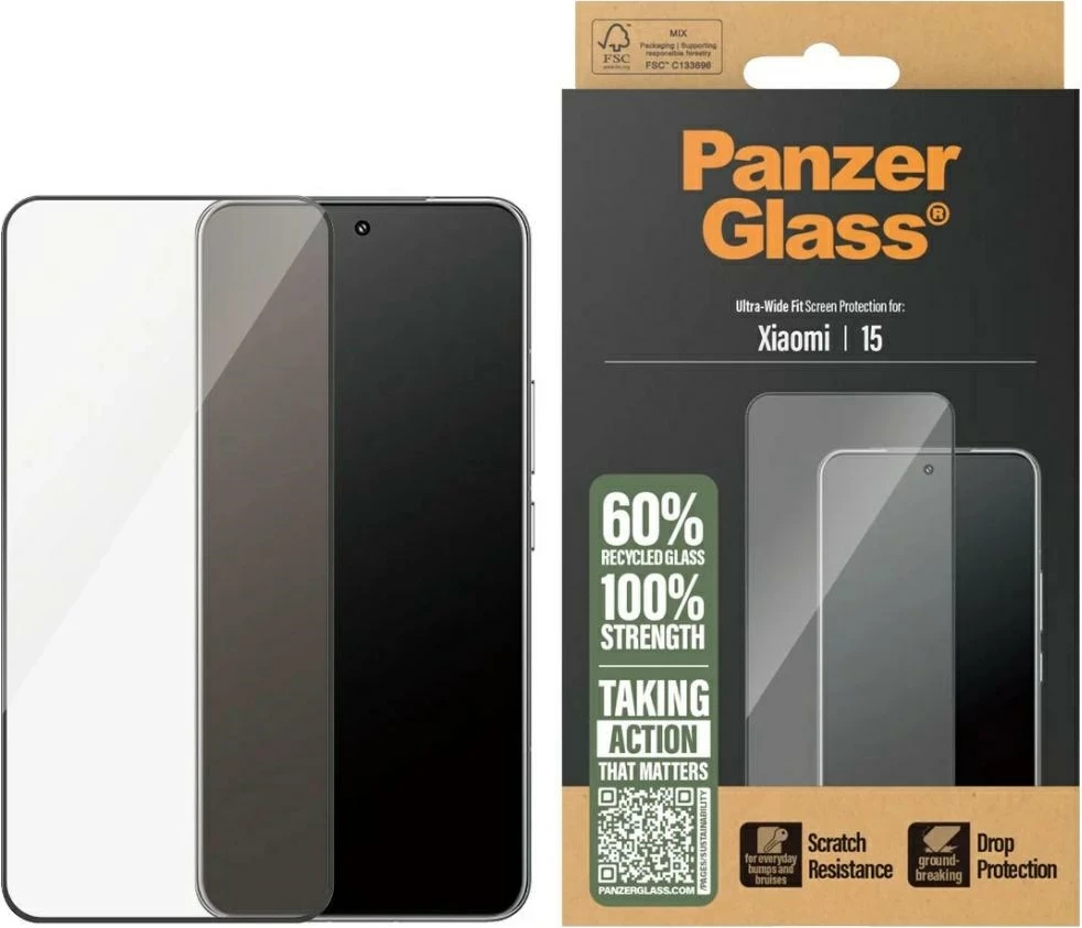 Xham mbrojtës PanzerGlass Ultra-Wide Fit për Xiaomi 15, me kornizë të zezë