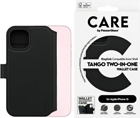 Mbështjellës PanzerGlass CARE Tango 2in1 me MagSafe për iPhone 15, i zi