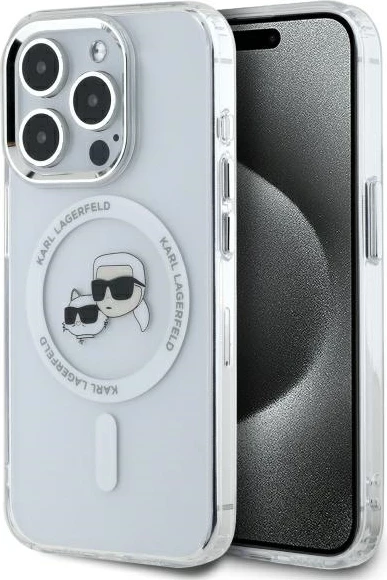 Mbështjellës Karl Lagerfeld IML Metal Karl&Choupette Head MagSafe për iPhone 15 Pro Max, Bardhë