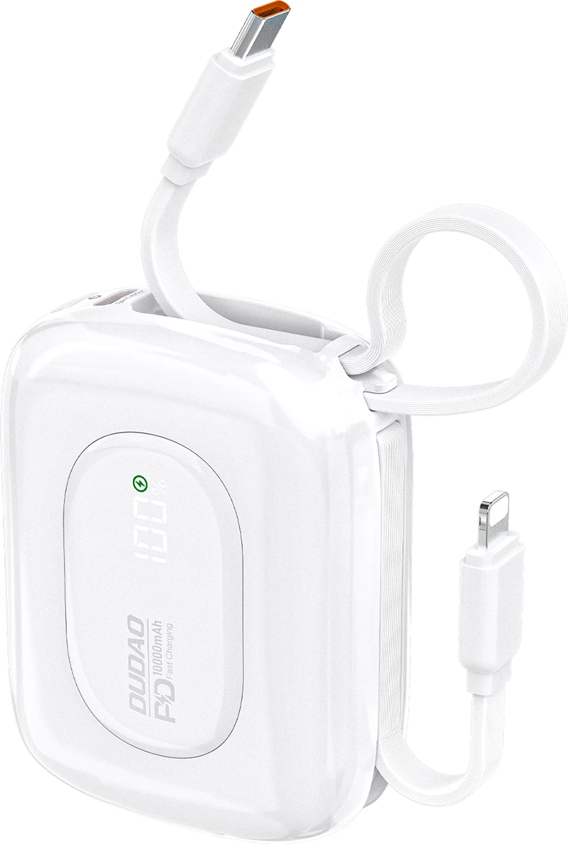 Powerbank Dudao K32 10000 mAh 22.5W me kabllo të integruara USB-C dhe Lightning, ekran LED, e bardhë