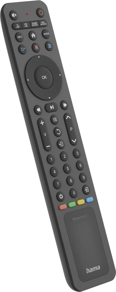 Telekomandë universale solare, Hama, 221057, 8‑në‑1, butona streaming, funksion mësimi, USB‑C, e zezë