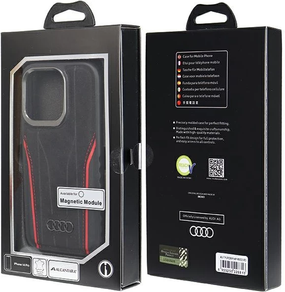 Mbështjellës Audi Genuine Leather me MagSafe për iPhone 14 Pro, zi e kuqe