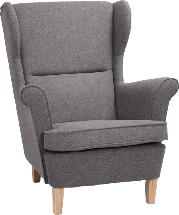 Fotel Malei, material gri, këmbë druri natyrale, 85x93x100cm