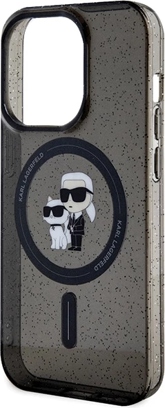 Mbështjellës Karl Lagerfeld Karl&Choupette Glitter MagSafe për iPhone 15 Pro, zi