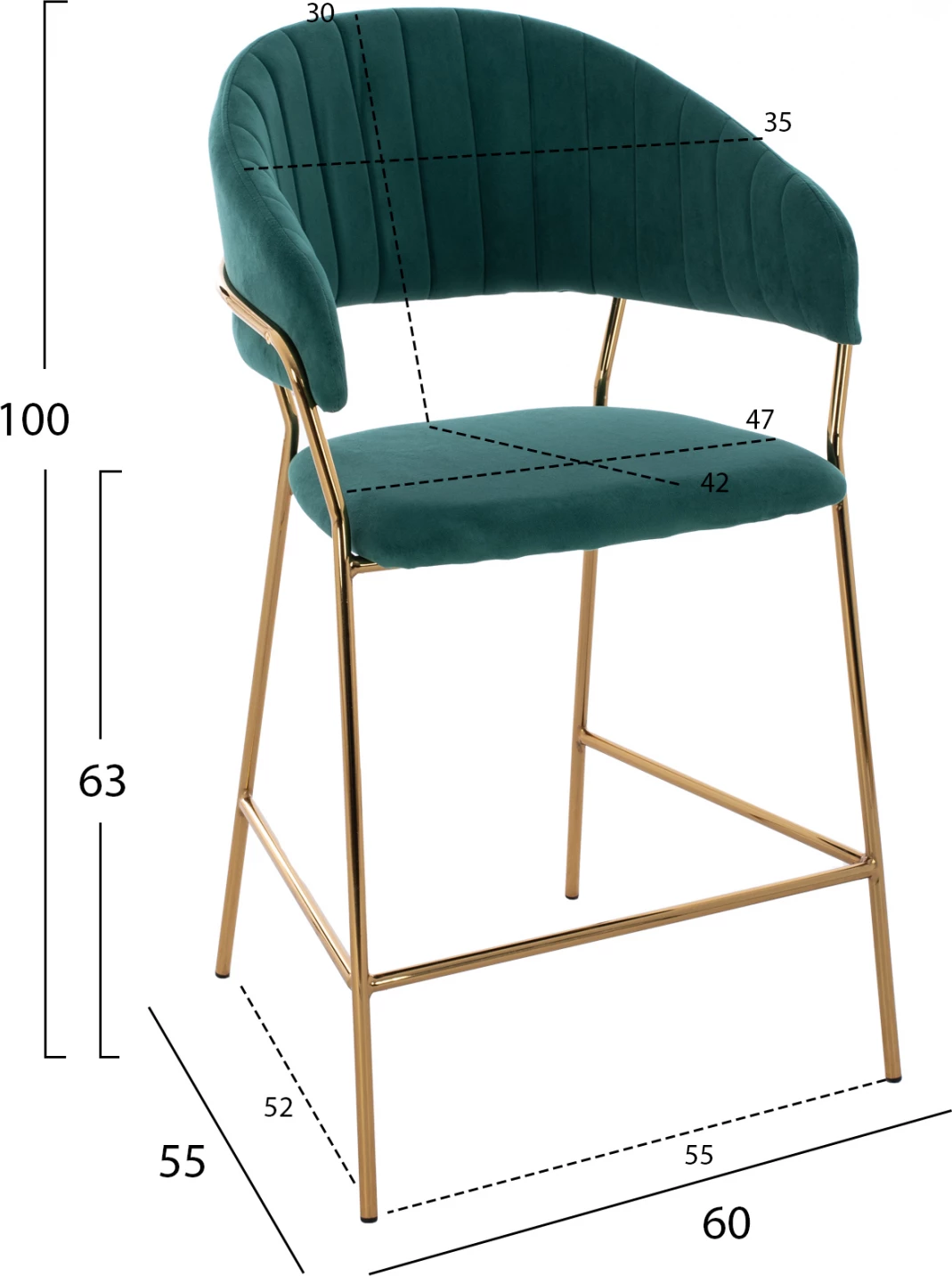 Karrige për bar, lartësi mesatare, FH8734.03, kadife e gjelbër, kornizë e artë, 60x55x100 cm., set prej 2 copë