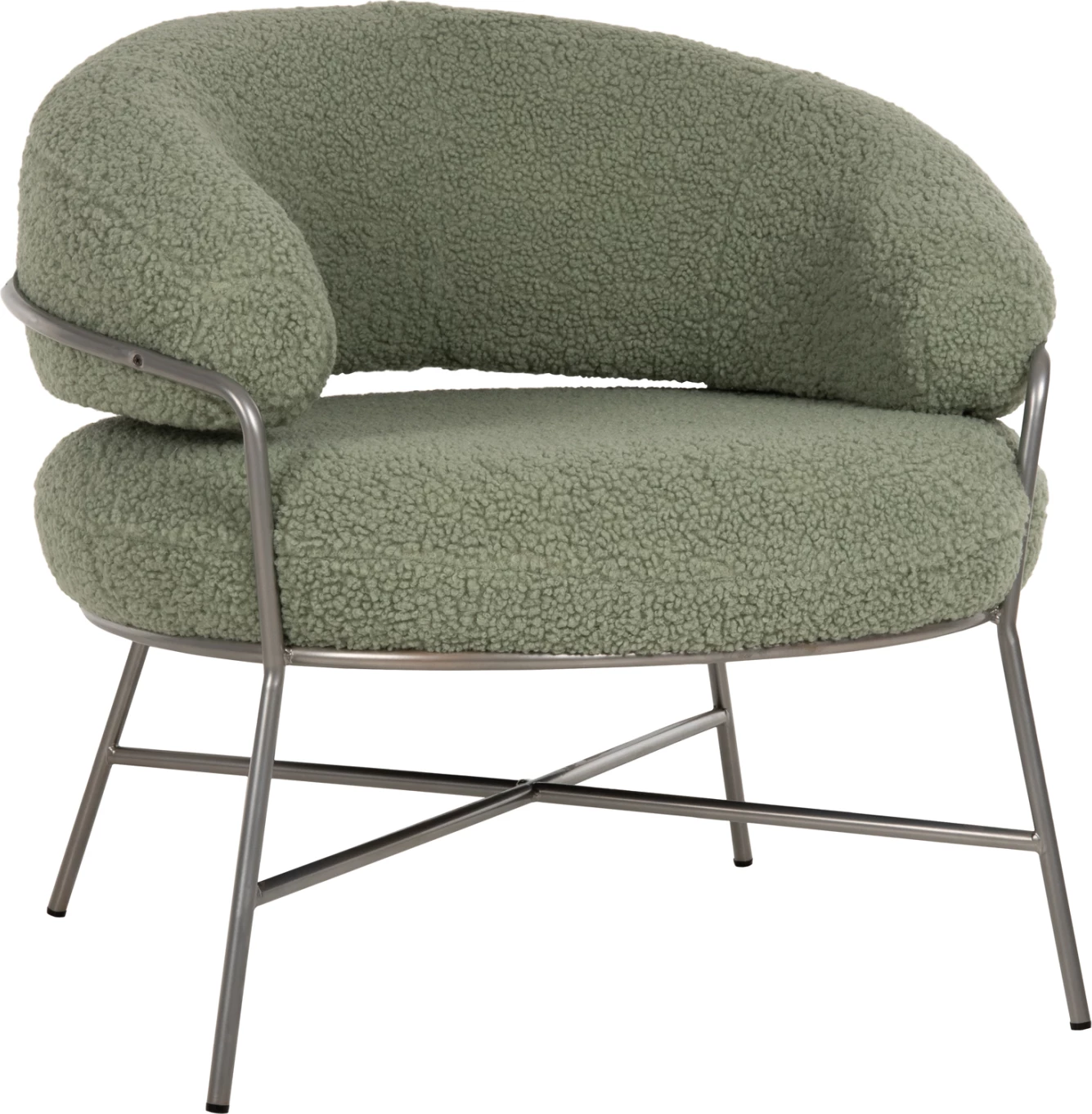 Fotelje TRUDI FH8639.27, ngjyrë fistik, pëlhurë boucle dhe kornizë metalike argjendi, 84x79x76H cm