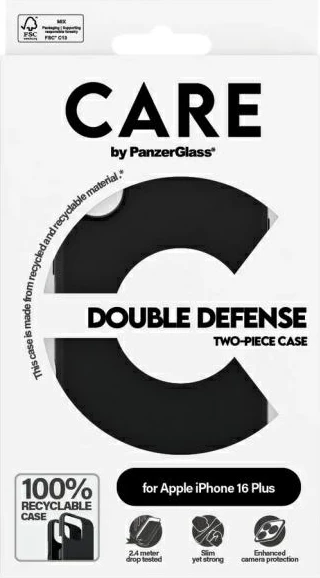 Mbështjellës PanzerGlass CARE Double Defense për iPhone 16 Plus, i zi