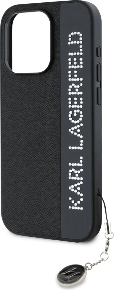 Mbështjellës Karl Lagerfeld Saffiano Rhinestones & Charm për iPhone 15 Pro Max, i zi