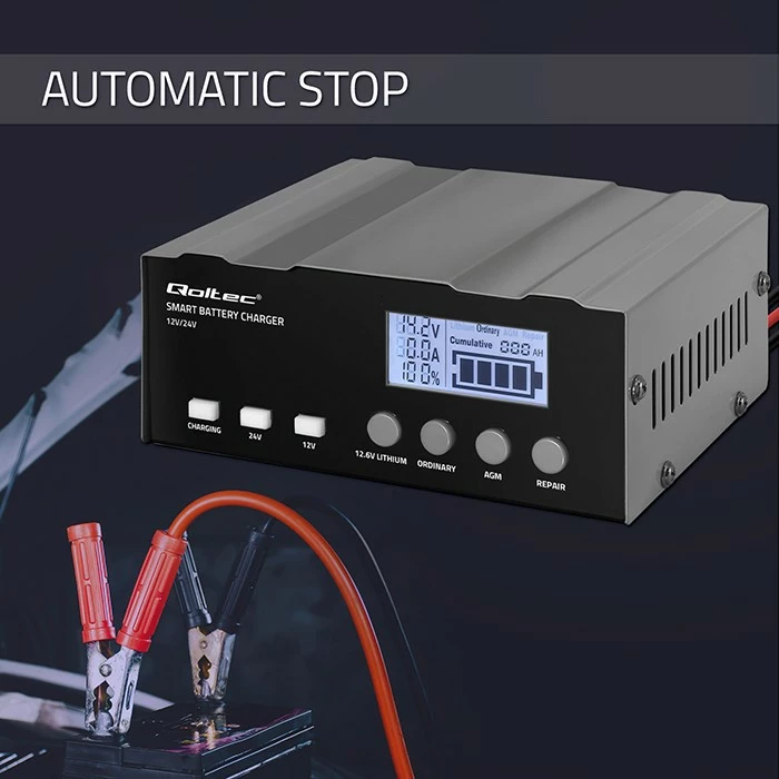 Karikues inteligjent baterie Qoltec 52491, 12V/12.6V/24V, funksion riparimi, LCD, i zi