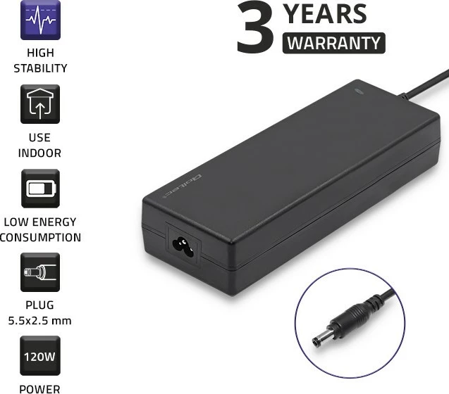 Furnizues energjie desktop Qoltec 50798, 120W, 12V, 10A, 5.5x2.5mm, me kabllo rryme